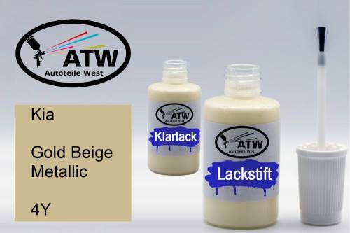 Kia, Gold Beige Metallic, 4Y: 20ml Lackstift + 20ml Klarlack - Set, von ATW Autoteile West.